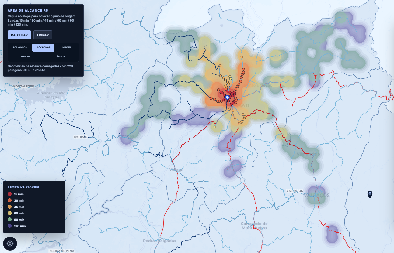 Mapa real do MobiOn com áreas de alcance por tempo de viagem